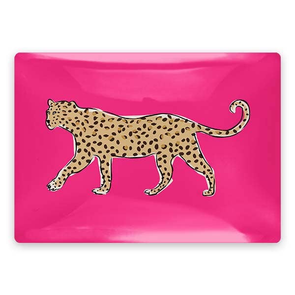 Walking Leopard Rectangle Glass Trinket Tray - Pink Pig