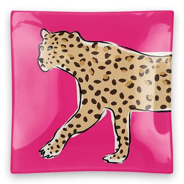 Clairebella - Walking Leopard Square Glass Trinket Tray - Pink Pig