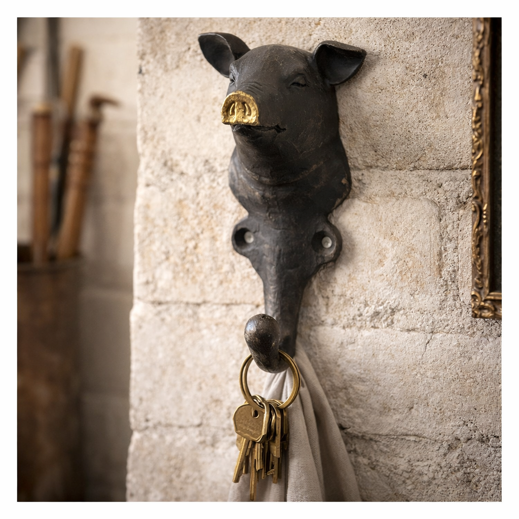 Cast Pewter Pig Hook with Gold Nose WALL DECOR Vagabond Vintage