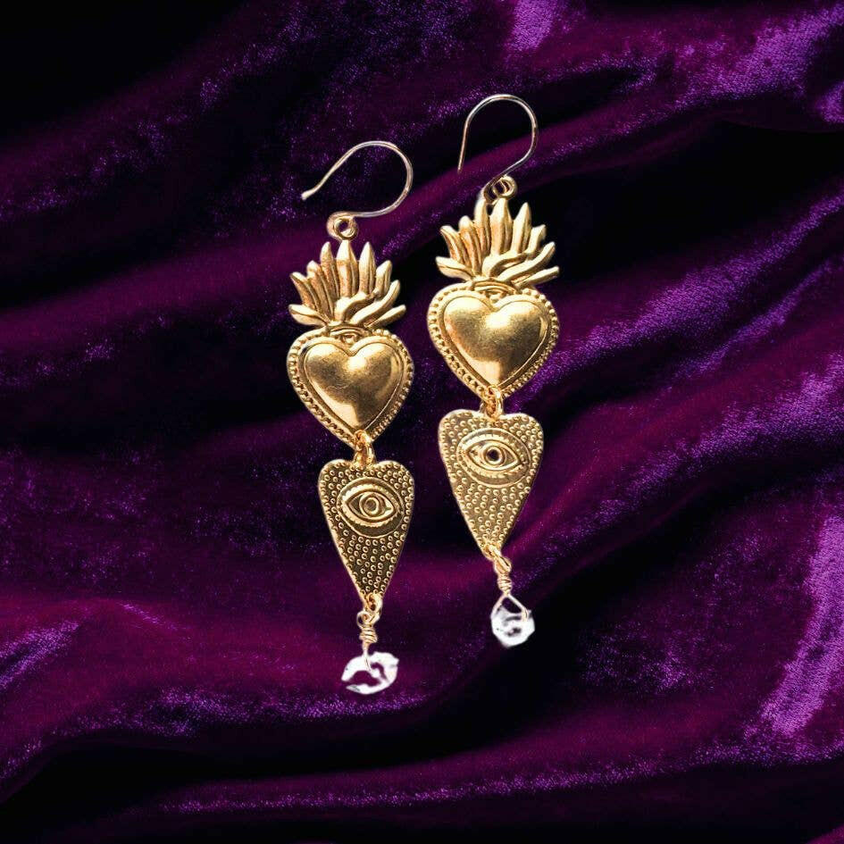 
                  
                    Dreamers of Dreams Flaming Heart Charm Earrings with Herkimer Diamond and 14k Gold Fill Ear Hooks - Pink Pig
                  
                
