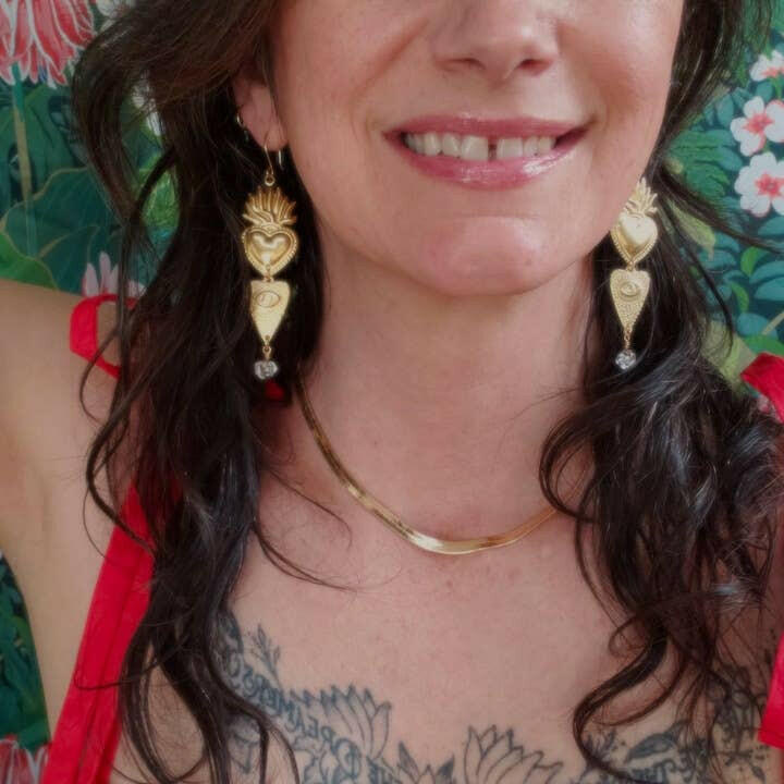 
                  
                    Dreamers of Dreams Flaming Heart Charm Earrings with Herkimer Diamond and 14k Gold Fill Ear Hooks - Pink Pig
                  
                