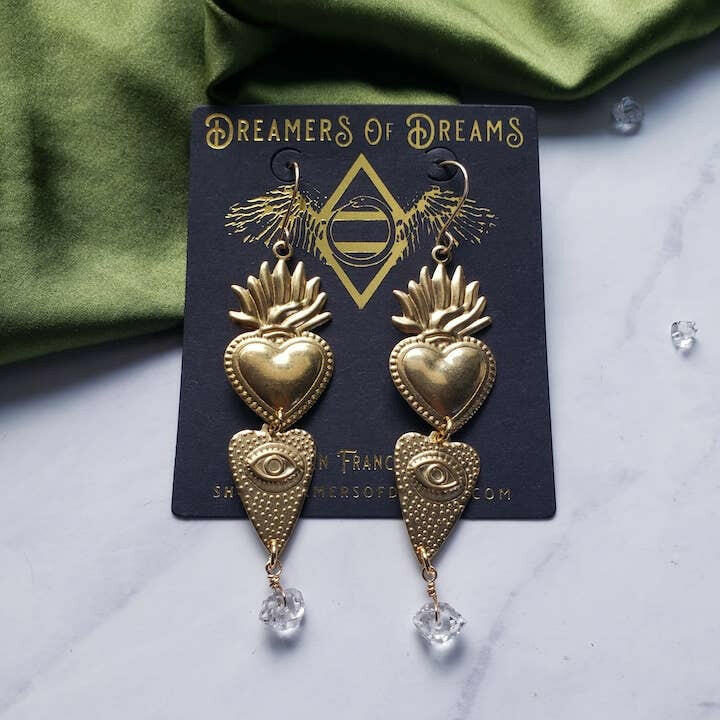 Dreamers of Dreams Flaming Heart Charm Earrings with Herkimer Diamond and 14k Gold Fill Ear Hooks - Pink Pig