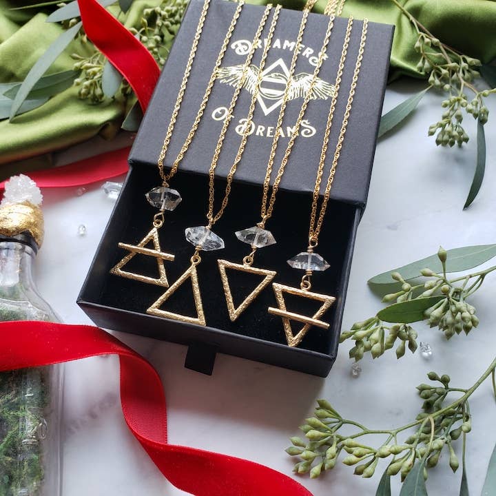 Dreamers of Dreams Gold Alchemy Element Necklaces Fire Water Air Earth 1.5 Inch Pendant Adjustable 14k Gold Plated Cable Chain 20 Inch Long - Pink Pig