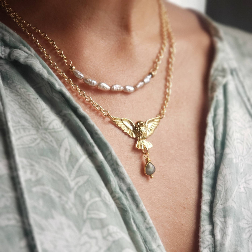 
                  
                    Dreamers of Dreams Golden Owl of Intuition Labradorite Pendant Necklace 18k Gold Plated Brass Charm Adjustable 20 Inch 14k Gold Plated Brass Chain Made in San Francisco - Pink Pig
                  
                