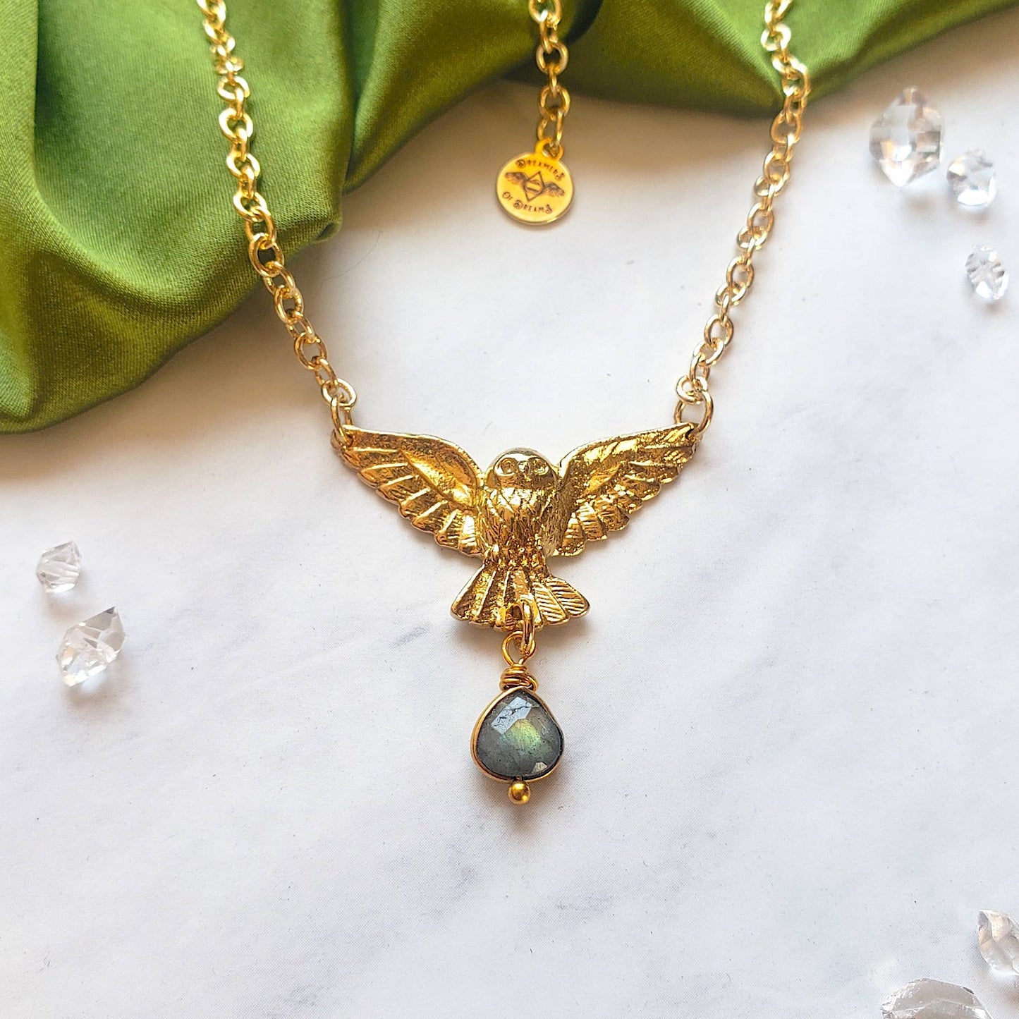 Dreamers of Dreams Golden Owl of Intuition Labradorite Pendant Necklace 18k Gold Plated Brass Charm Adjustable 20 Inch 14k Gold Plated Brass Chain Made in San Francisco - Pink Pig