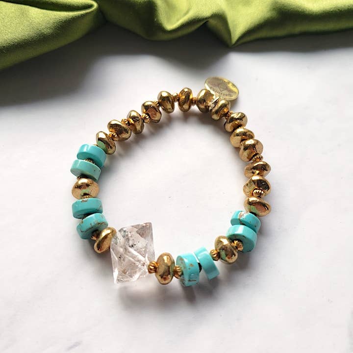 Dreamers of Dreams Large Turquoise and Herkimer Bracelet for Daily Wear - Pink Pig
