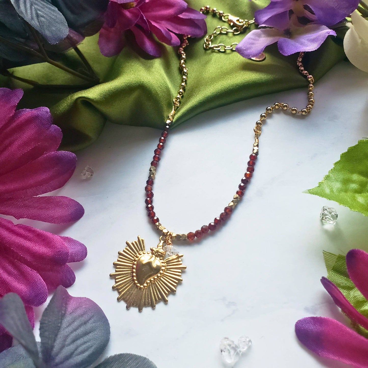 Dreamers of Dreams Sacred Heart Garnet Beaded Charm Necklace 14k Gold Plated Adjustable 16-20 Inch - Pink Pig