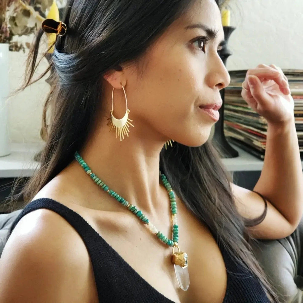 
                  
                    Dreamers of Dreams Sun Ray Brass Sun Burst Earrings Large 18k Gold Plated Handcrafted by Elizabeth Cline - Pink Pig
                  
                