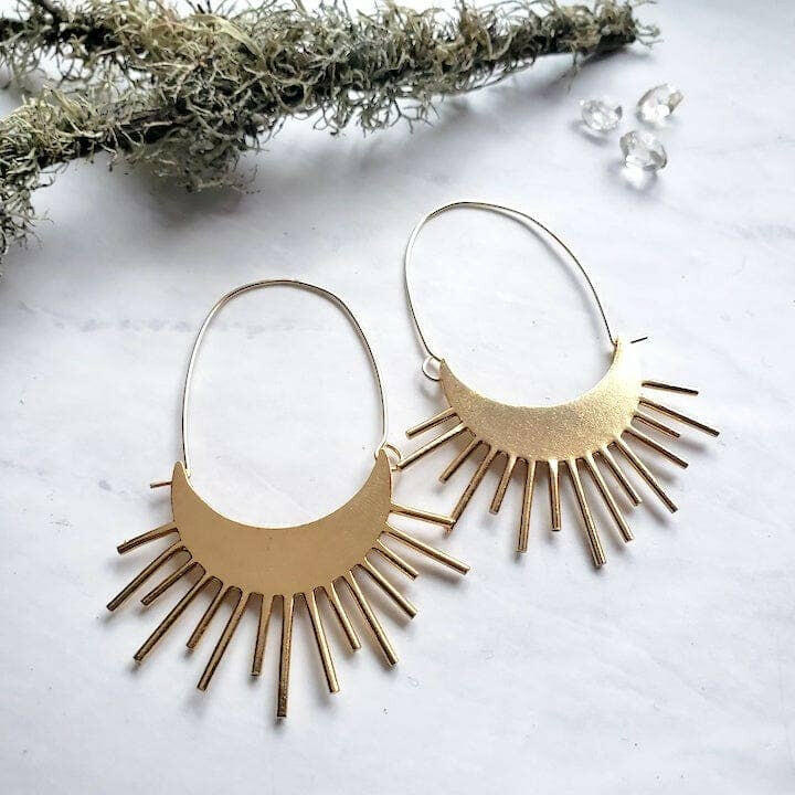 
                  
                    Dreamers of Dreams Sun Ray Brass Sun Burst Earrings Large 18k Gold Plated Handcrafted by Elizabeth Cline - Pink Pig
                  
                
