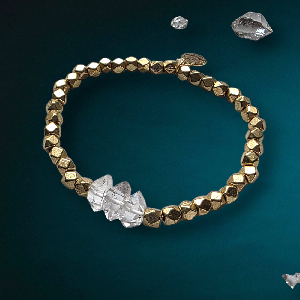 Dreamers of Dreams - Brass and Diamond Quartz beaded stretchy Bracelet