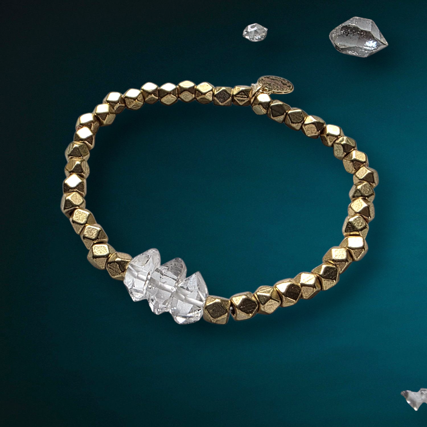 Dreamers of Dreams - Brass and Diamond Quartz beaded stretchy Bracelet