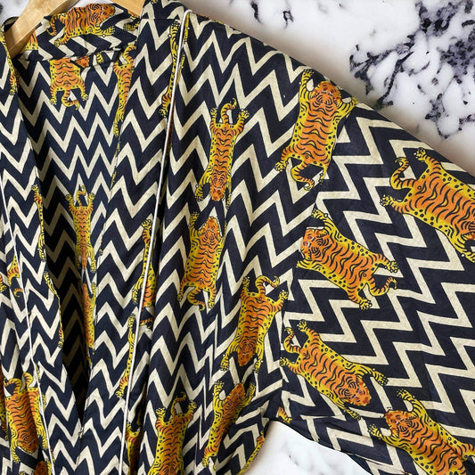 Gray Bird Label - 100% Cotton Indian Block Printed Kimono Robe- Chevron Tiger - Pink Pig
