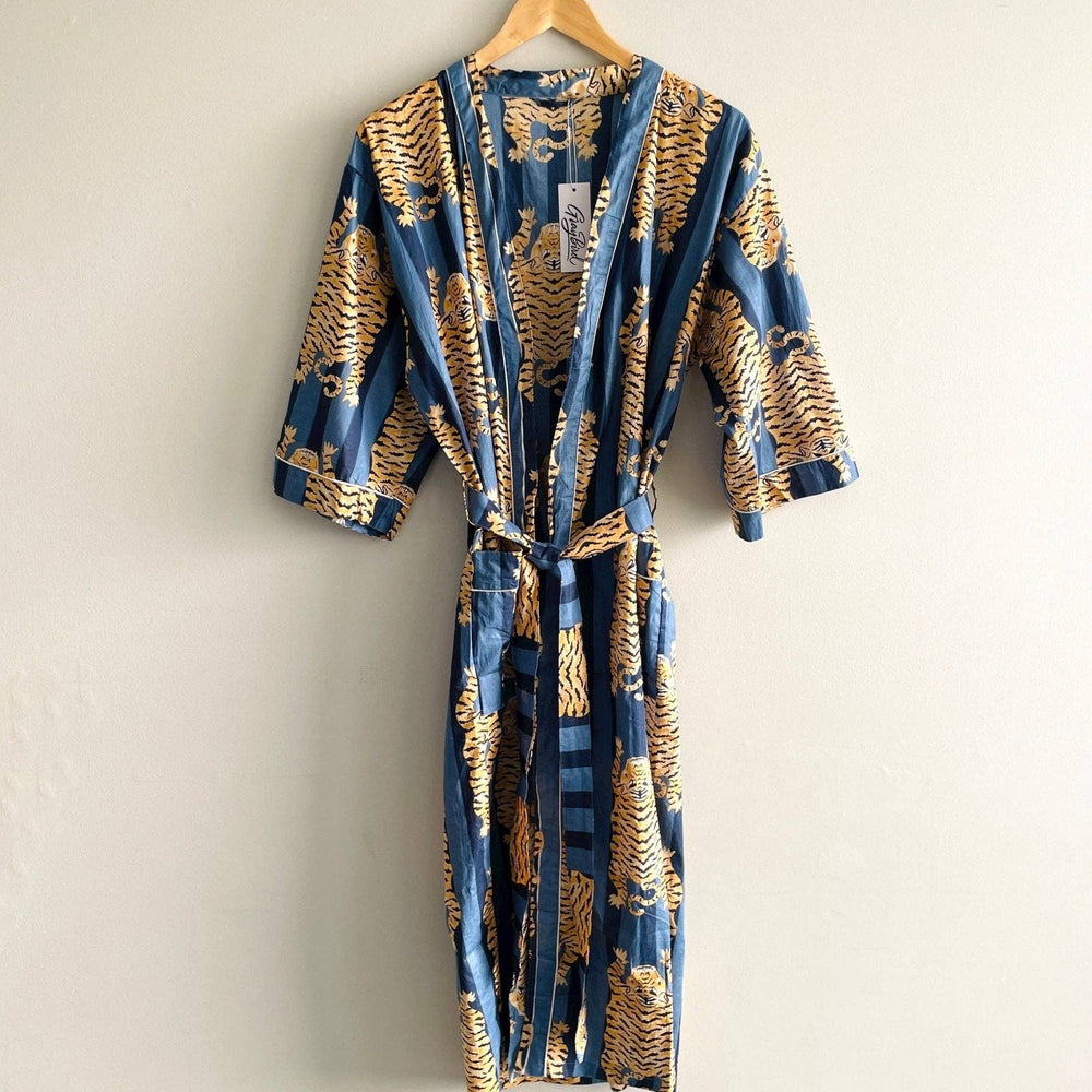 
                  
                    100% Cotton Block Printed Kimono Robe- Blue Tiger - Pink Pig
                  
                