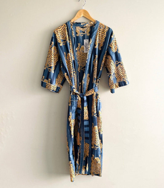 Gray Bird Label - POPULAR 100% Cotton Block Printed Kimono Robe- Blue Tiger - Pink Pig