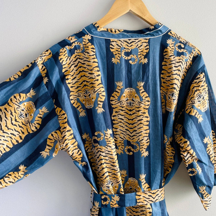 100% Cotton Block Printed Kimono Robe- Blue Tiger - Pink Pig