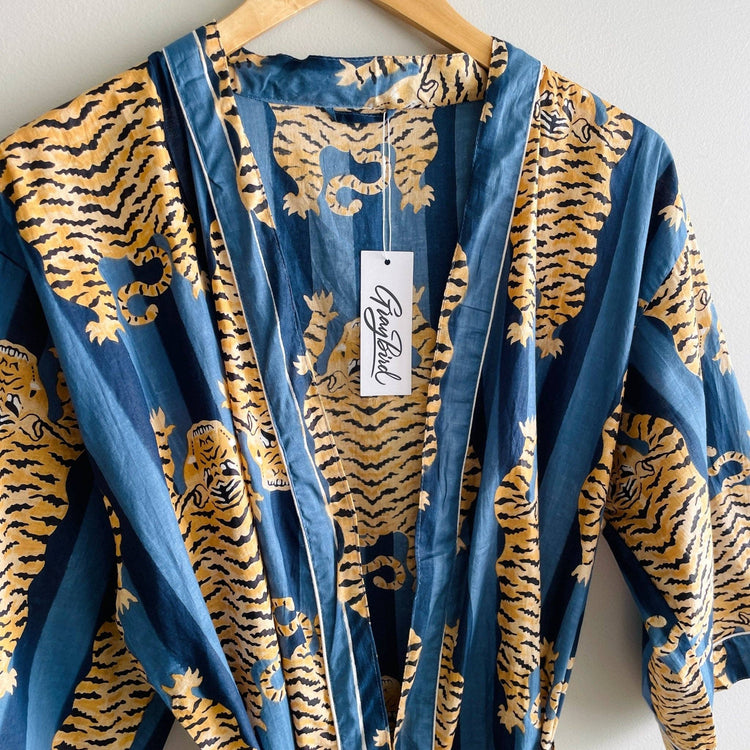 100% Cotton Block Printed Kimono Robe- Blue Tiger - Pink Pig