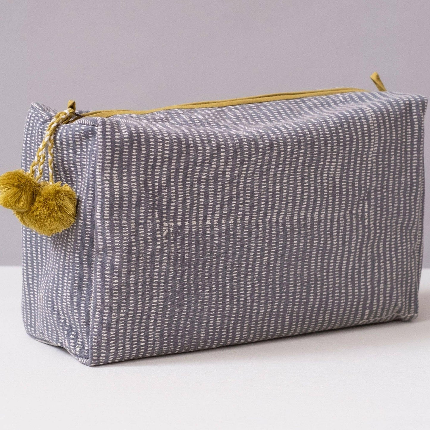 Graymarket Design Alice Stripes Storm Toiletry Bag with Vinyl Lining and Yellow Pompom - Pink Pig