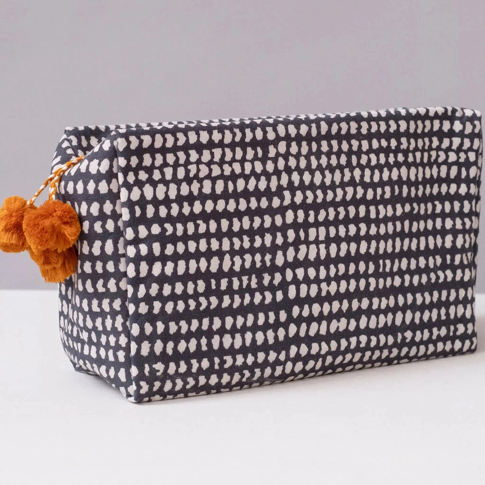 Graymarket Design Navy Dot Block Printed Toiletry Bag with Orange Pompom - Pink Pig