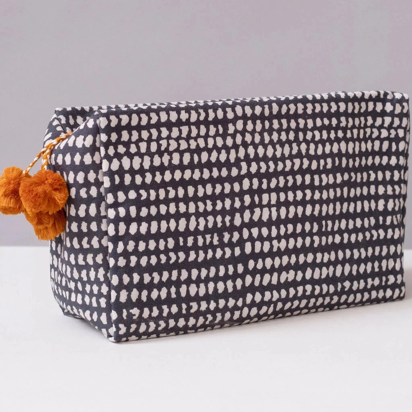 Graymarket Design Navy Dot Block Printed Toiletry Bag with Orange Pompom - Pink Pig