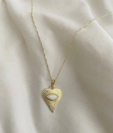 Ocean Heart Opal Necklace .Evil Eye Heart. Gold Filled: White Opal - Pink Pig