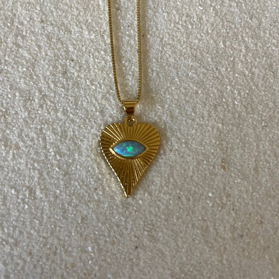 Ocean Heart Opal Necklace .Evil Eye Heart. Gold Filled: White Opal - Pink Pig