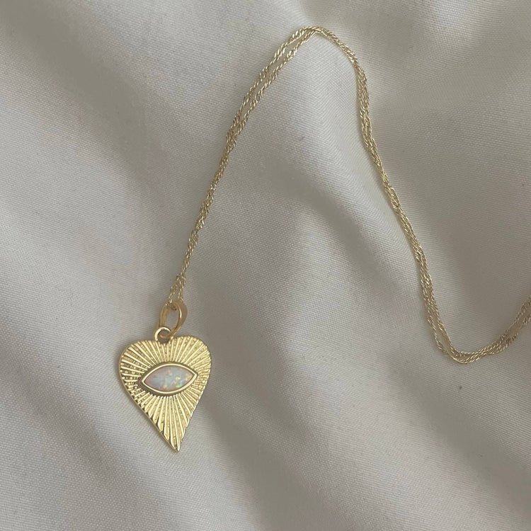 Ocean Heart Opal Necklace .Evil Eye Heart. Gold Filled: White Opal - Pink Pig