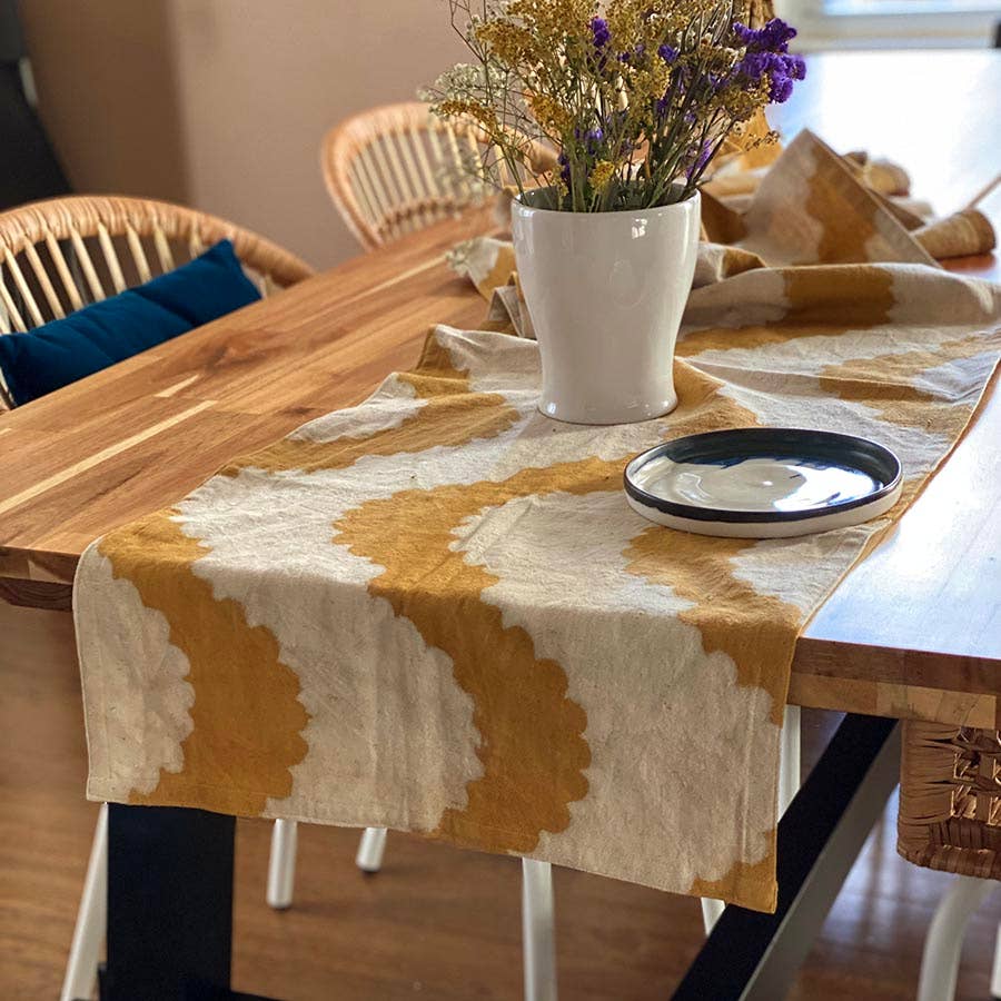 
                  
                    Ichcha - Block Printed Organic Cotton Table Runner - Golden Rays - Pink Pig
                  
                