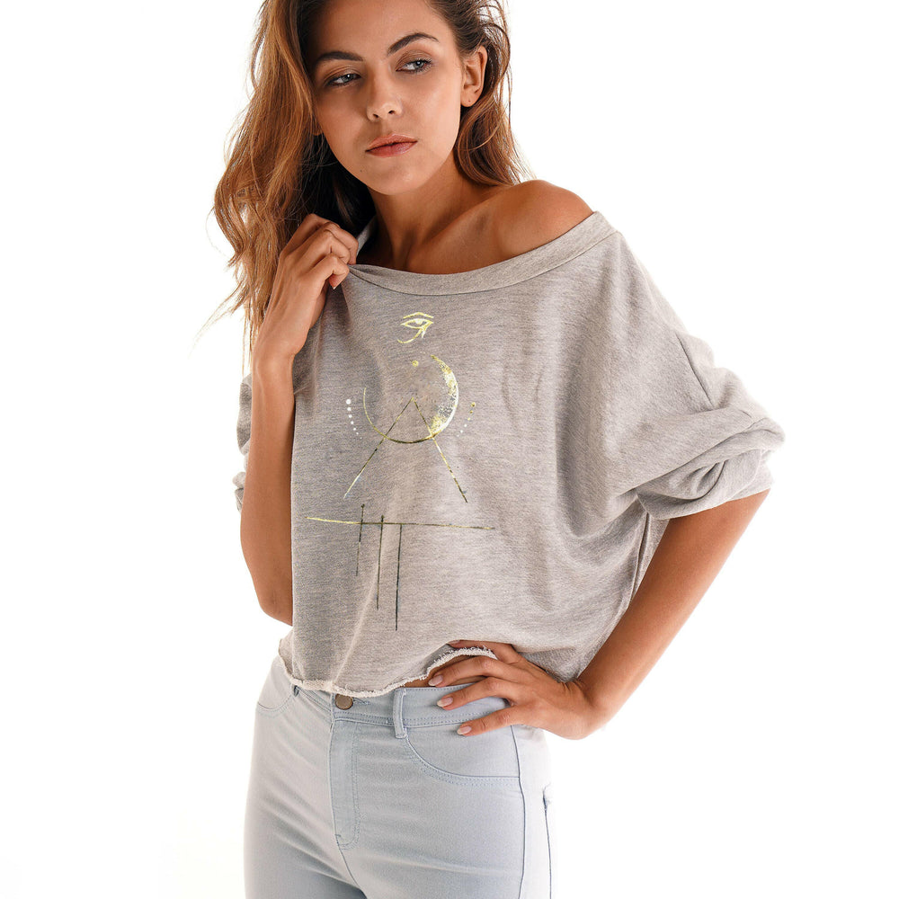 
                  
                    Neoclassics Omni Crop Sweatshirt Heather Gray Gold Foil Eye of Horus Design - Pink Pig
                  
                