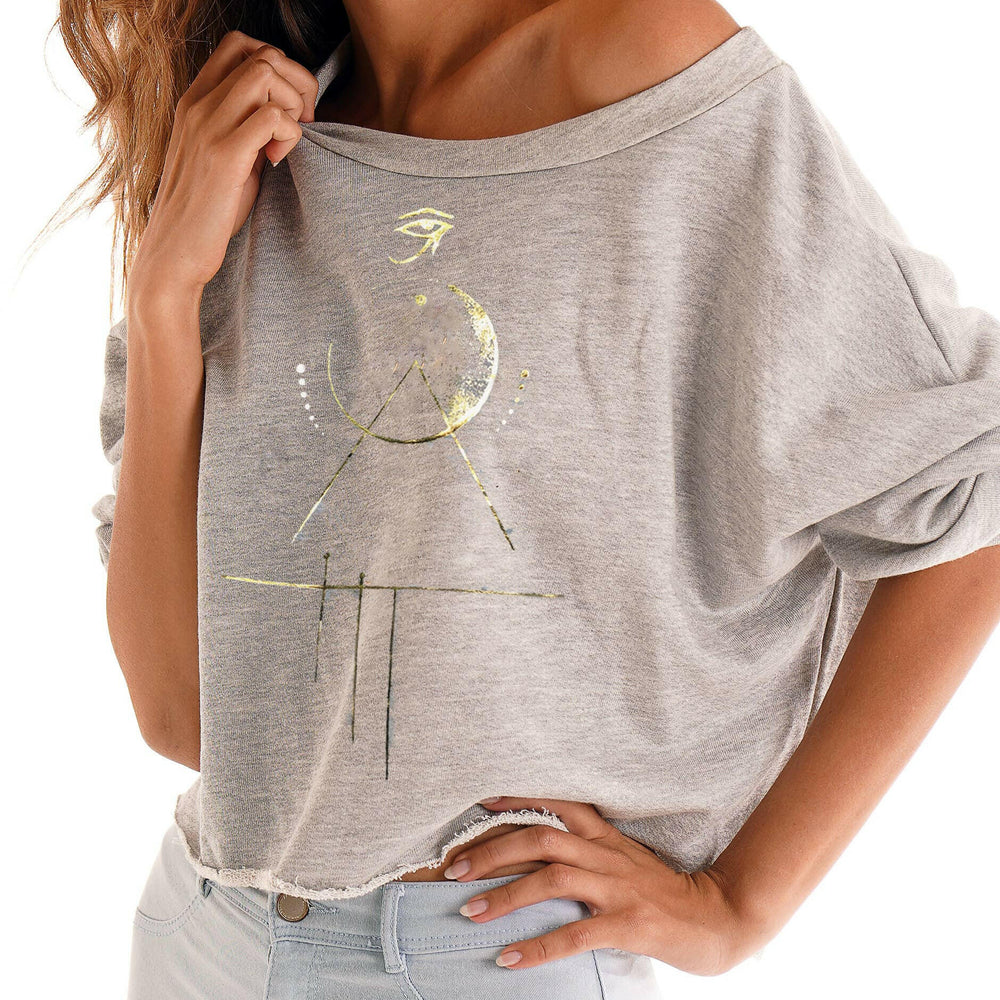 Neoclassics Omni Crop Sweatshirt Heather Gray Gold Foil Eye of Horus Design - Pink Pig