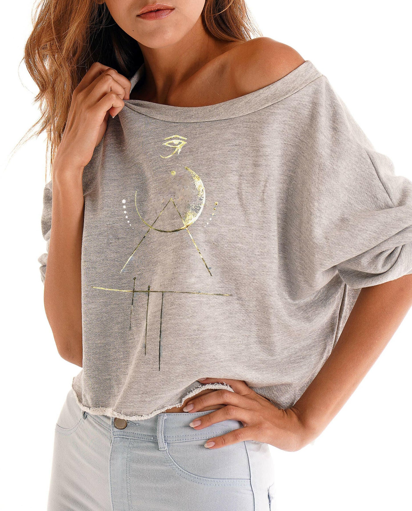 Neoclassics Omni Crop Sweatshirt Heather Gray Gold Foil Eye of Horus Design - Pink Pig