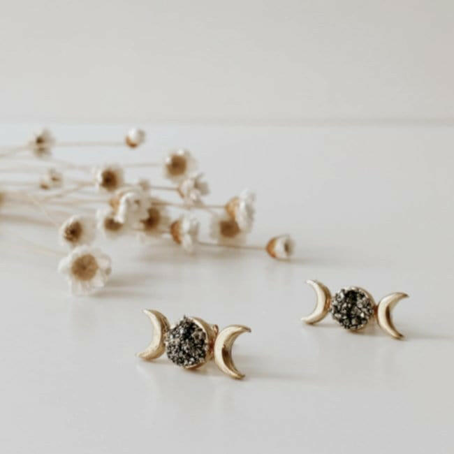 Stardust Moon Pyrite Earrings Jewelry Oceanne Jewelry
