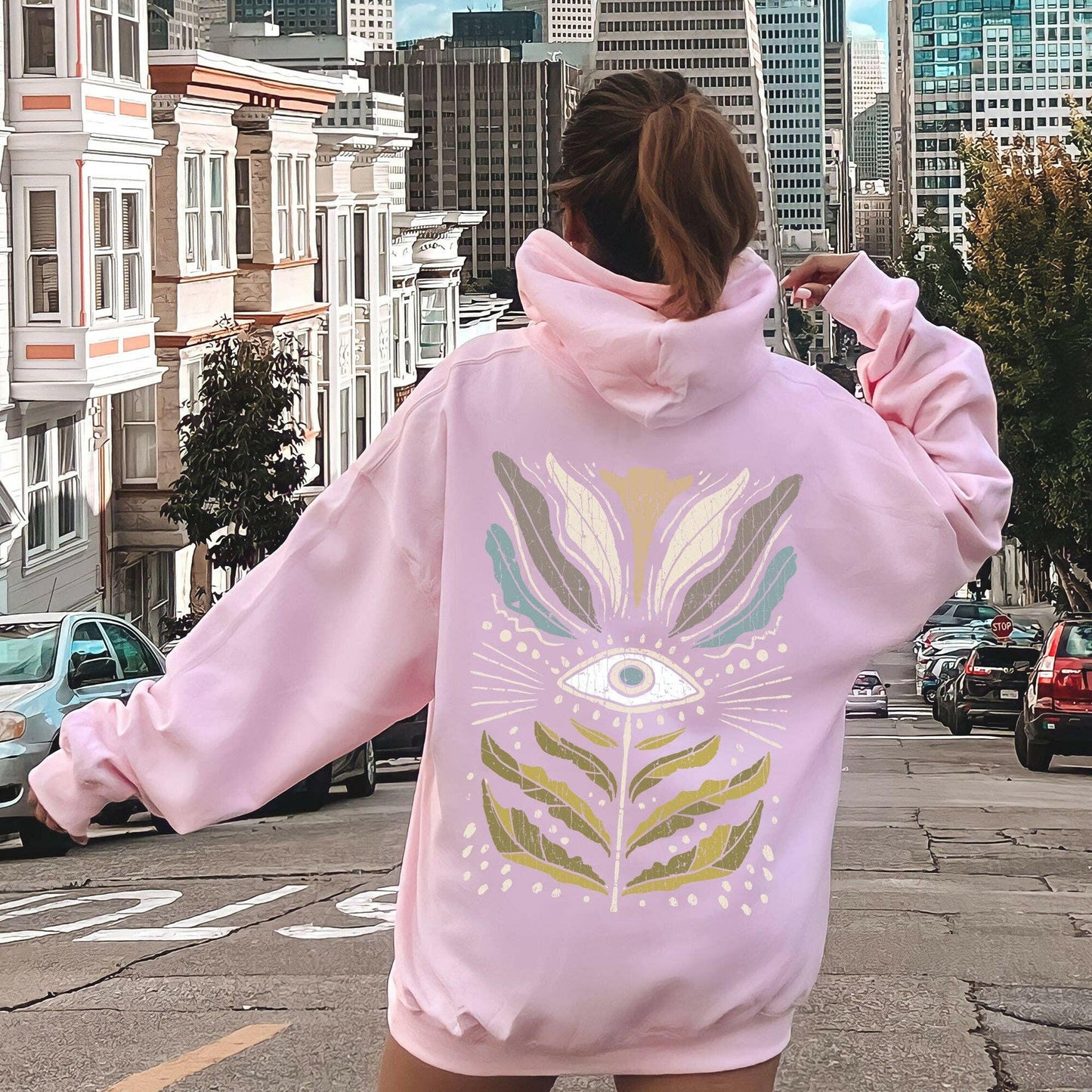 Refinery Number One LLC Mystical Floral Vintage Hoodie Gildan 18500 Graphic Hooded Sweatshirt - Pink Pig