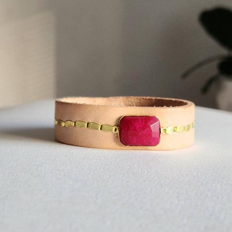 
                  
                    Royal Hippie by Robin Moratti - Natural Buff Ruby Leather Cuff Bracelet - Pink Pig
                  
                