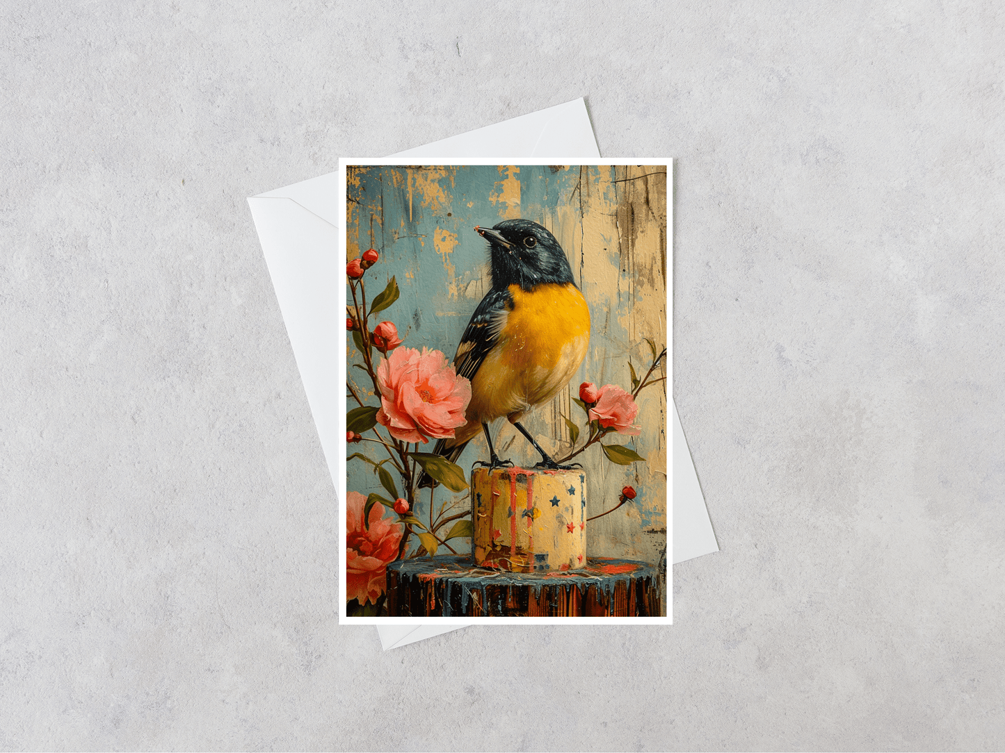 Salty Alyce -  Black And Yellow Bird  On Cake Blank Card 100AS - Pink Pig