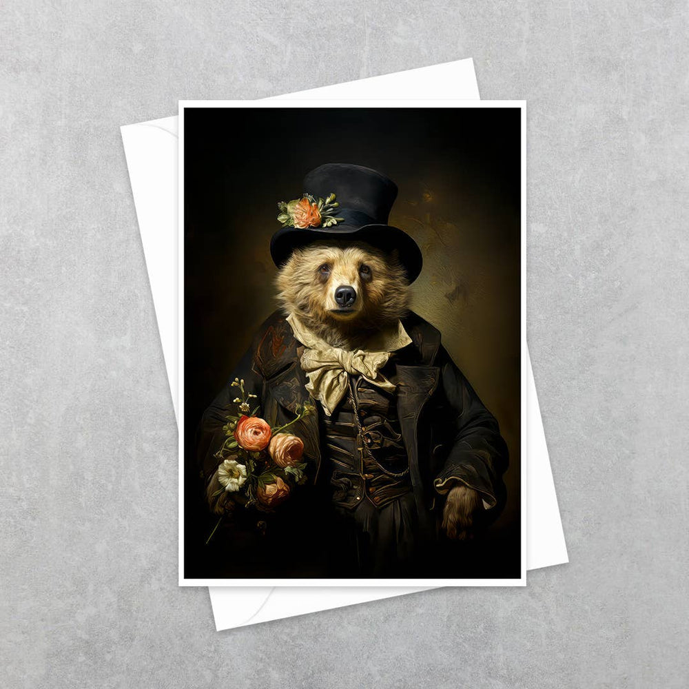 Salty Alyce - Charming Gentleman Bear with Pink Flowers Greeting Card 5AS - Pink Pig