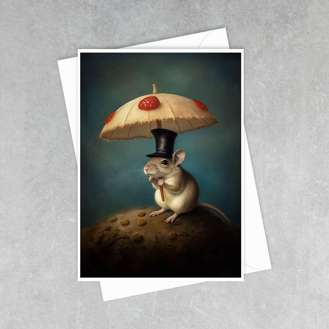 Salty Alyce Gentleman Mouse With Mushroom Umbrella Greeting Card 5x7 Handmade Cottagecore Woodland Animal Art - Pink Pig