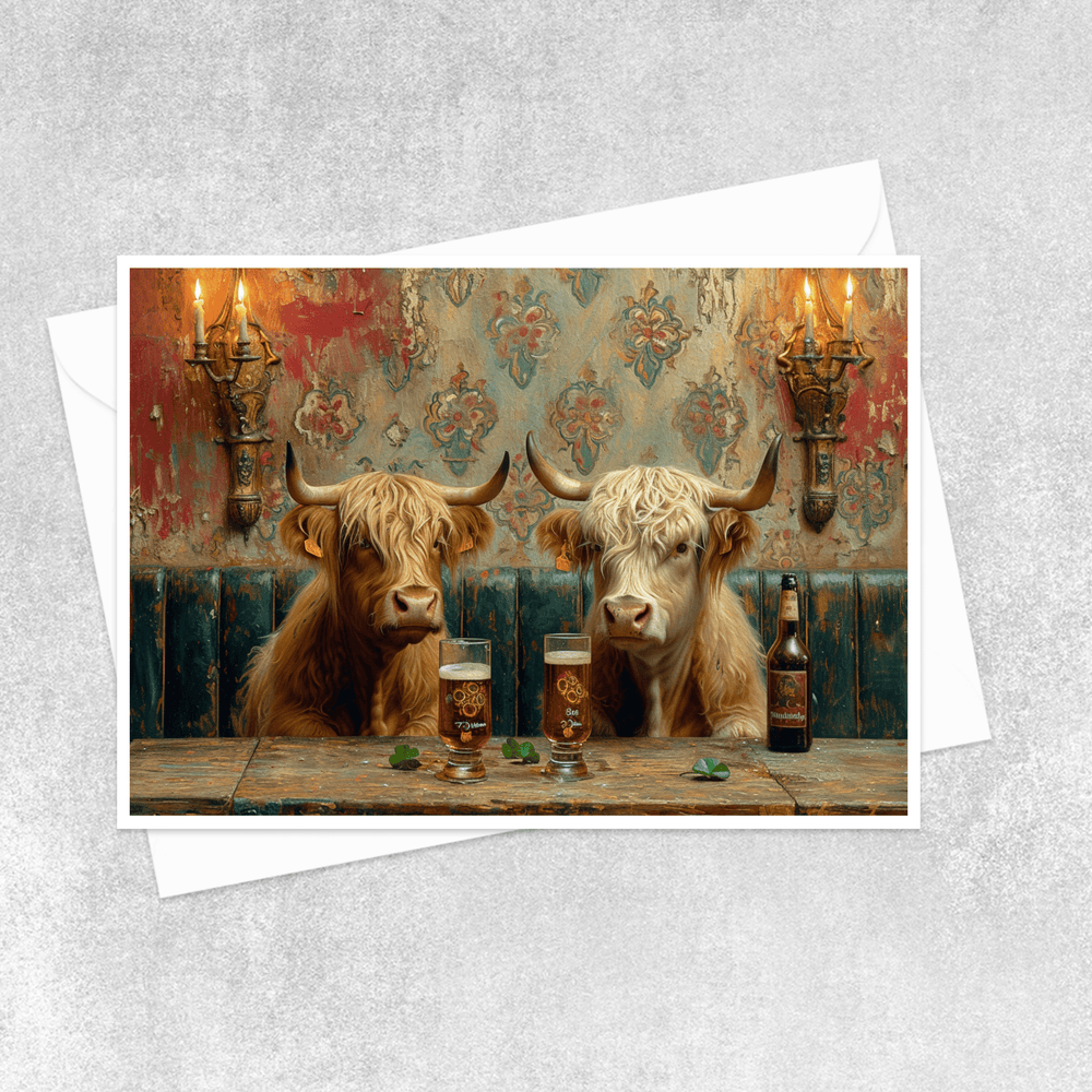 Salty Alyce - Highland Cows Drinking Party Blank Card 76AS - Pink Pig