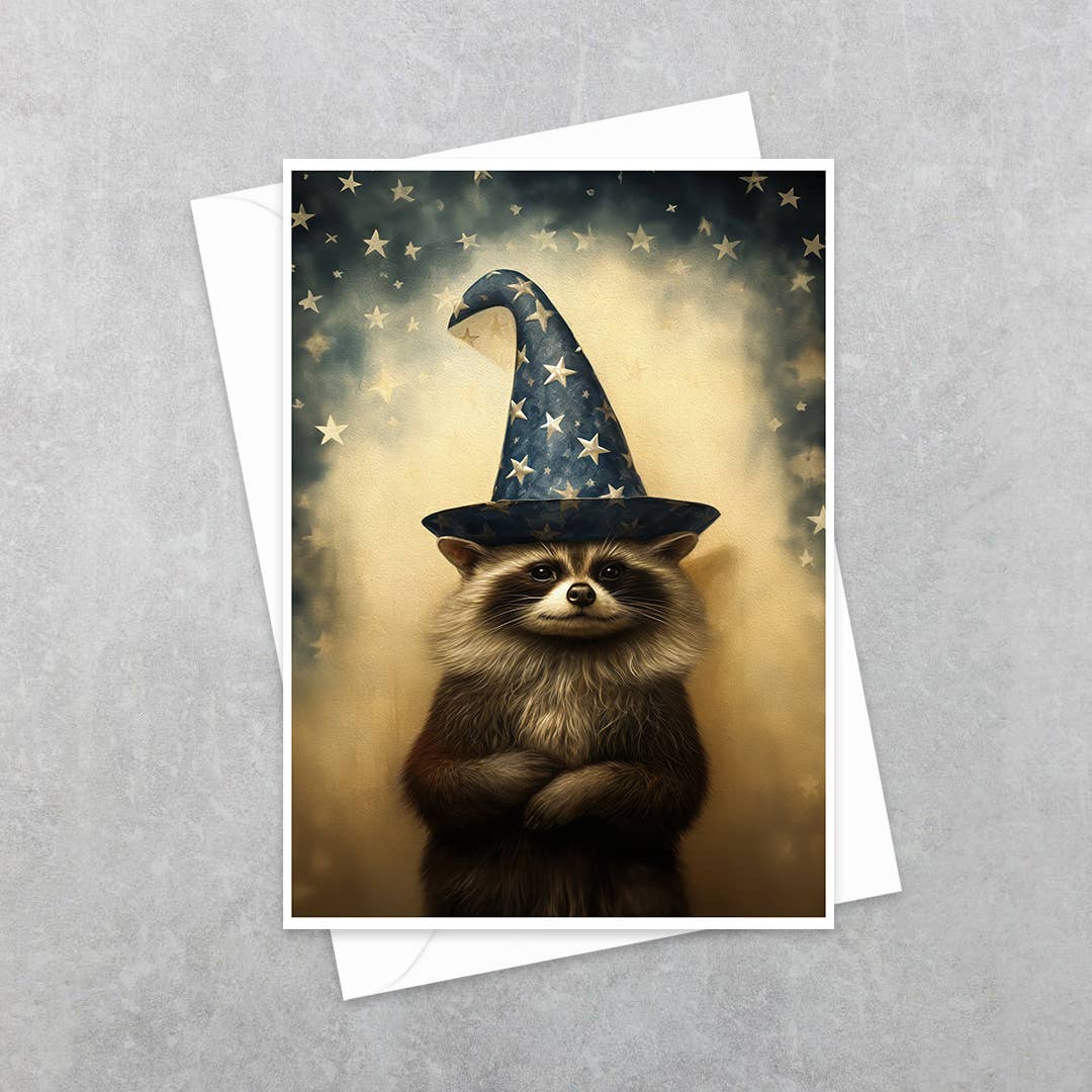 Salty Alyce - Magic Raccoon in Wizard Hat Greeting Card 4AS - Pink Pig