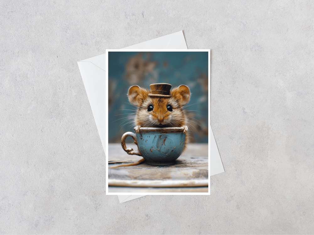 Salty Alyce - Mouse in Aqua Vintage China Tea Cup Blank Card 107AS - Pink Pig