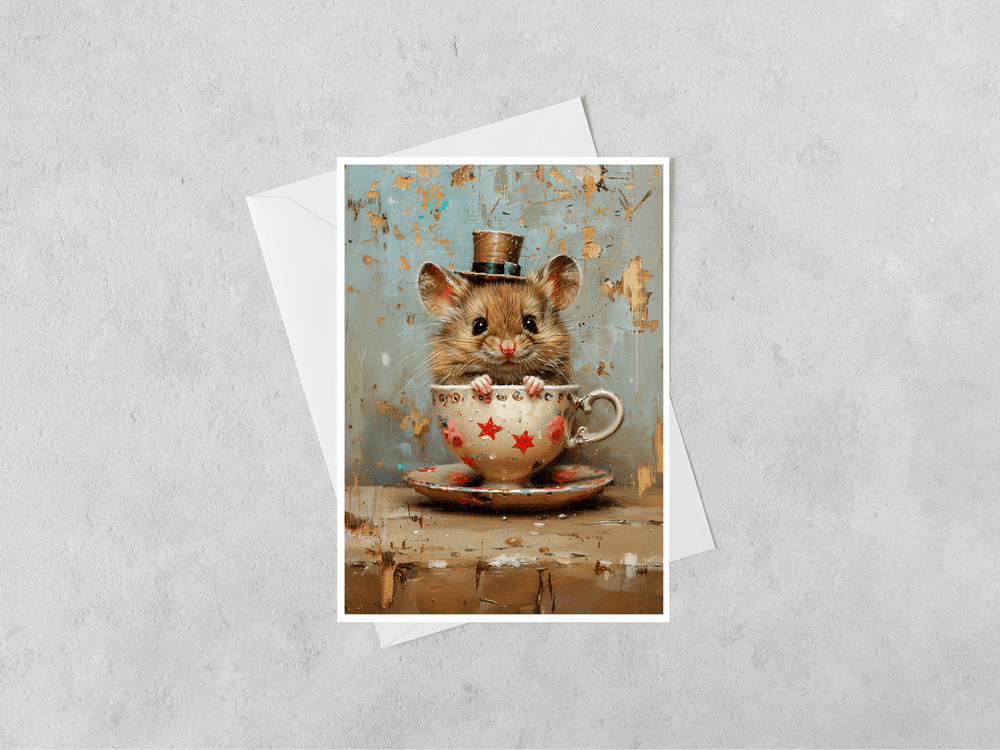 Salty Alyce - Mouse in Star Vintage Cup And Saucer Blank Card 106AS - Pink Pig