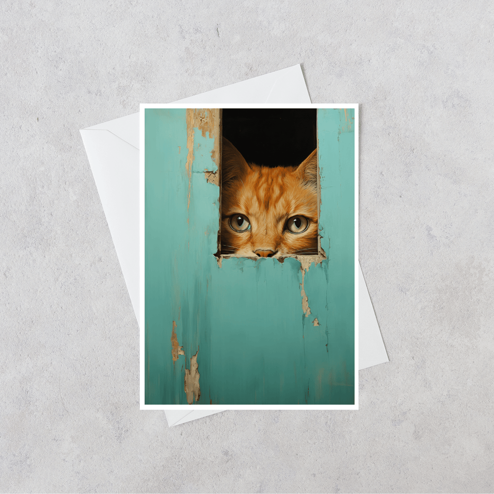 Salty Alyce -  Orange Cat Hiding In Aqua Door  Blank Card - Pink Pig