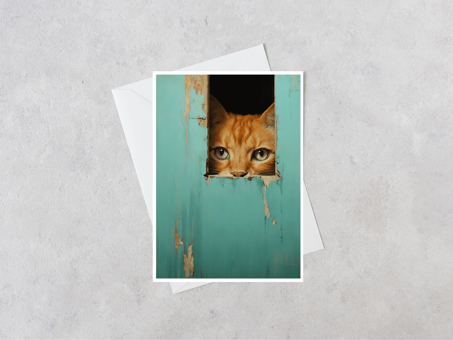 Salty Alyce -  Orange Cat Hiding In Aqua Door  Blank Card - Pink Pig