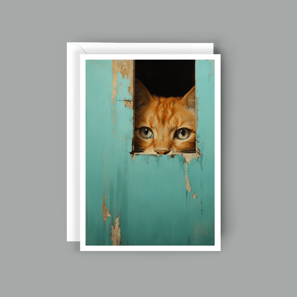 
                  
                    Salty Alyce -  Orange Cat Hiding In Aqua Door  Blank Card - Pink Pig
                  
                