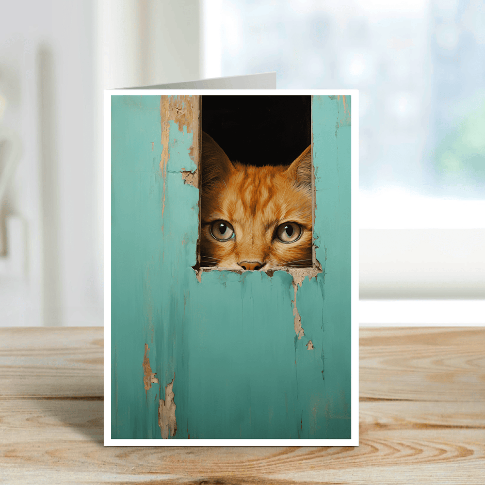 
                  
                    Salty Alyce -  Orange Cat Hiding In Aqua Door  Blank Card - Pink Pig
                  
                