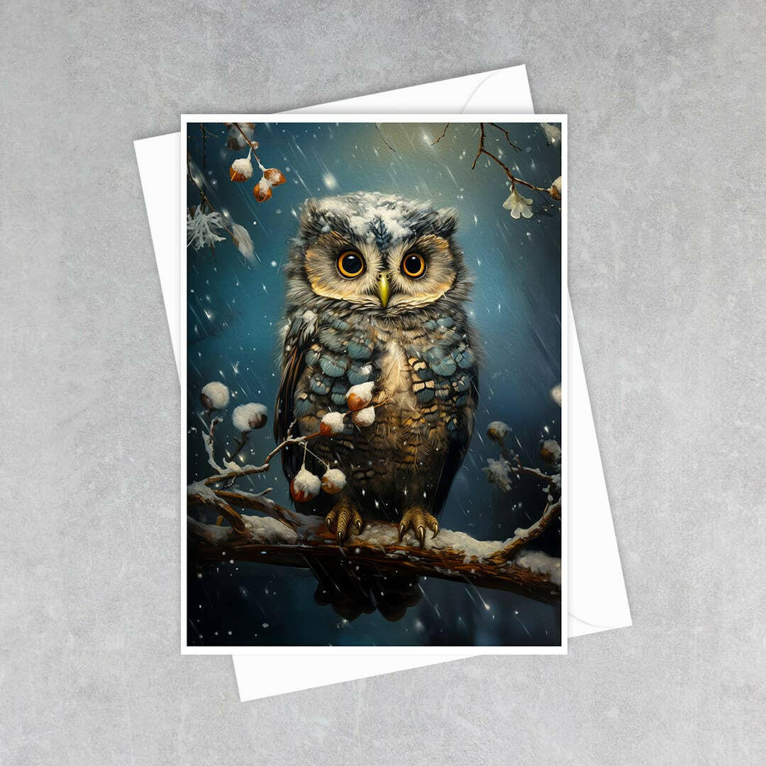 Salty Alyce Owl on Winter Branch Greeting Card Cute Woodland Animal Winter Cottagecore Rustic Botanical Wall Art 5x7 Handmade in USA - Pink Pig