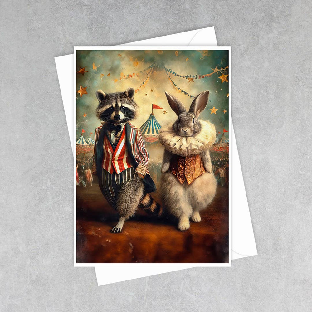 Salty Alyce - Vintage Raccoon and Rabbit Circus  Greeting Card - Pink Pig