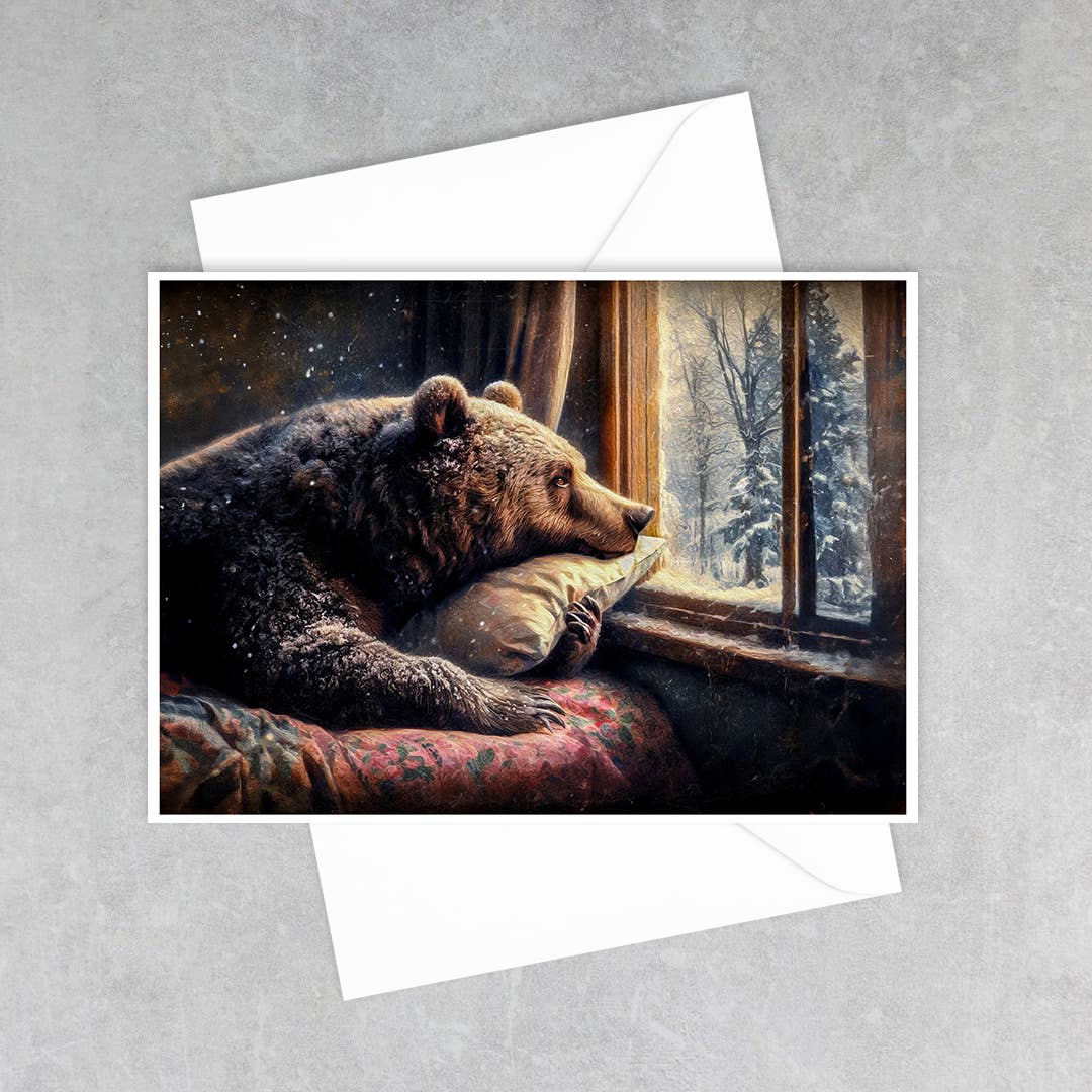 Salty Alyce - Vintage Winter Bear Nap Greeting Card 56AS - Pink Pig