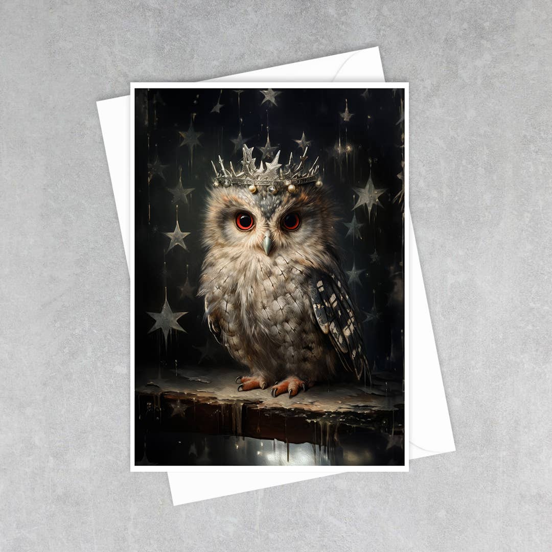 Salty Alyce - Winter Owl Wearing Antique Star Crown  Greeting Card 47AS - Pink Pig