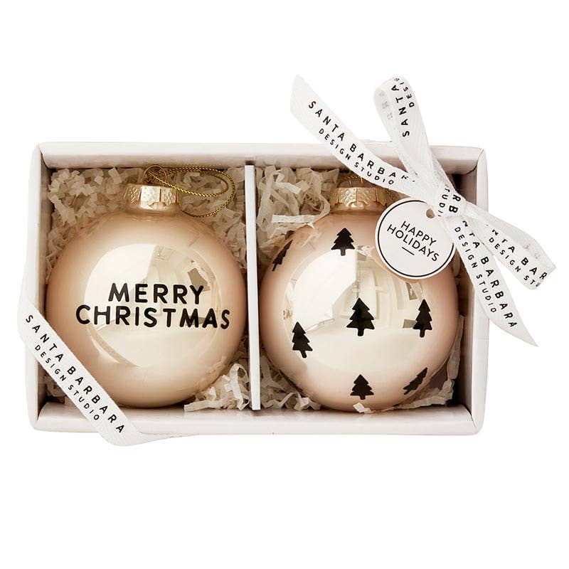 Santa Barbara Design Studio by Creative Brands - Glass Ornament Set - Merry Christmas + Tree - Set of 2 - Pink Pig