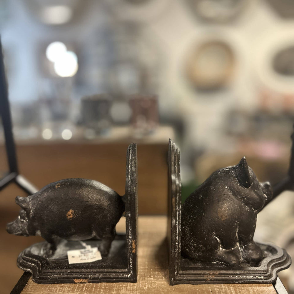 Cast Iron Pig Bookend in Black Rustic Finish-Set 2 - Pink Pig